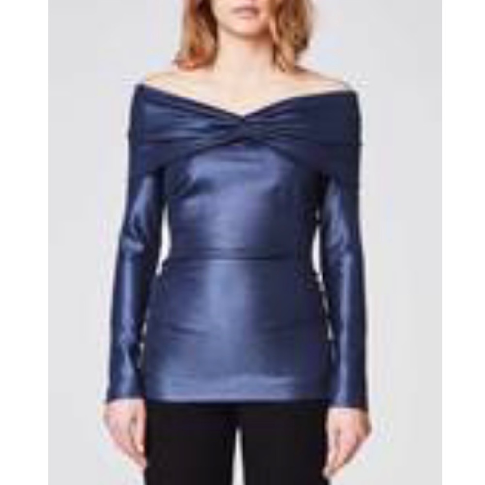 NWT Nicole Miller Off the Shoulder Blue Fitted Top